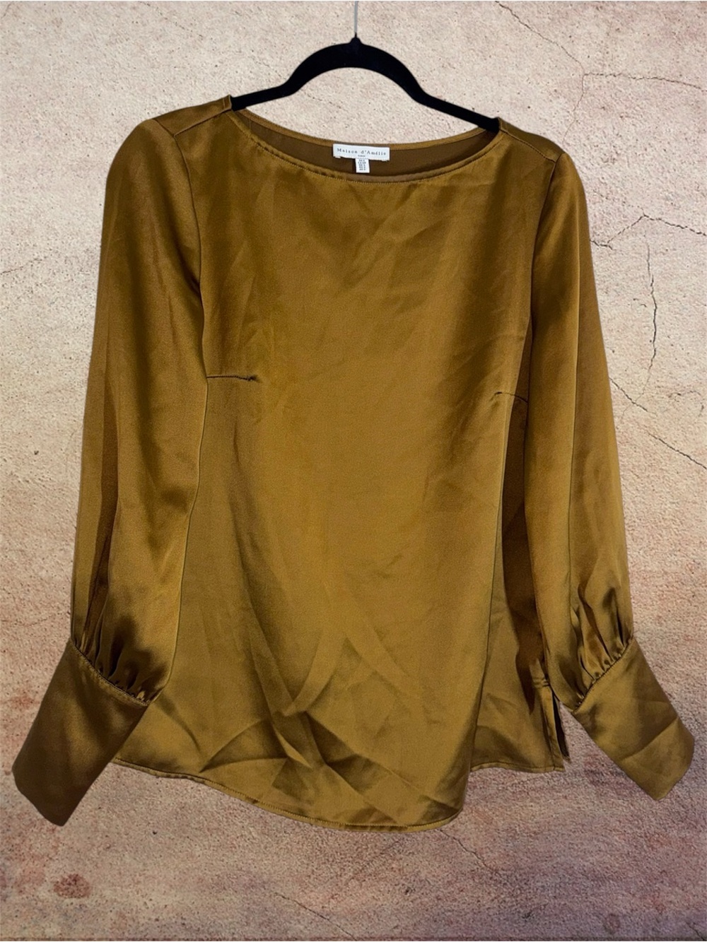 Maison d’Amelie Satin Long-Sleeve Blouse in Mustard Gold Brown size S